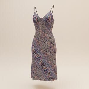 Topshop Paisley Print Slip Dress V-Neck Strappy Bias Cut Midi Blue Pink Size 10